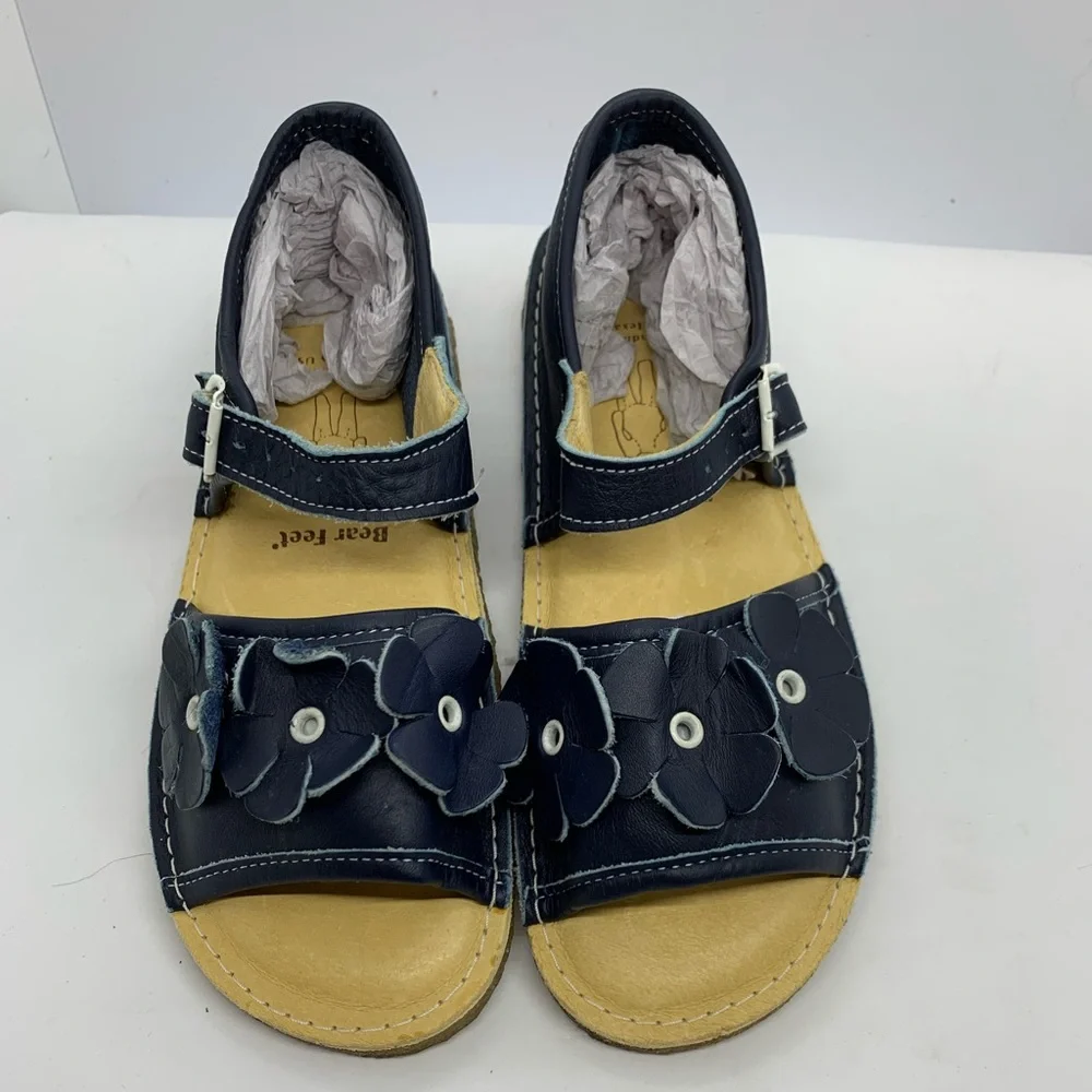 Private Listing Bear Feet Navy Leather Flower Sandal Green woven 2 @darlingisaid - Picture 1 of 6